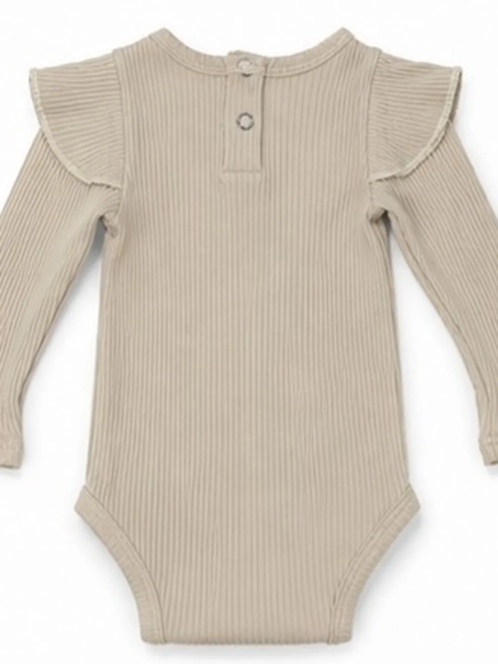 2 Piece Beige Ribbed Ruffle Bodysuit & Floral Gray Pants Set - Size 70/US 6-9M